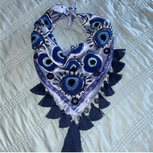 Embroidered Boho Western bandana -Colombian scarf lavender evil eyes blue